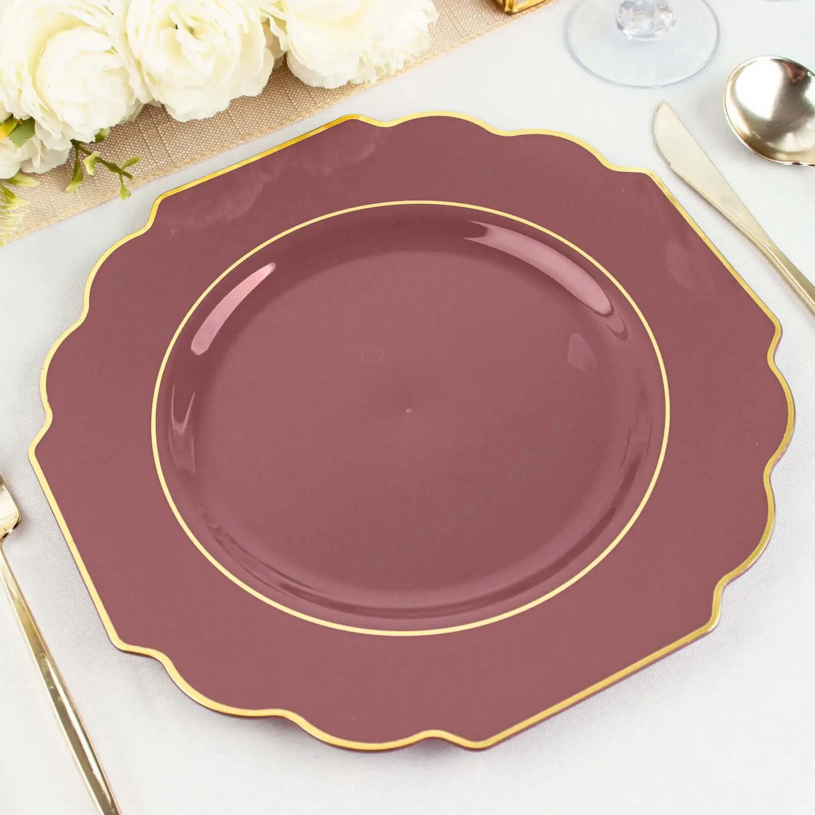 10-Pack Cinnamon Rose Baroque Hard Plastic Dinner Plates with Gold Rim, 11" Heavy-Duty Disposable Dinnerware for Christmas, Large Events, Baby Shower, Birthday, Wedding