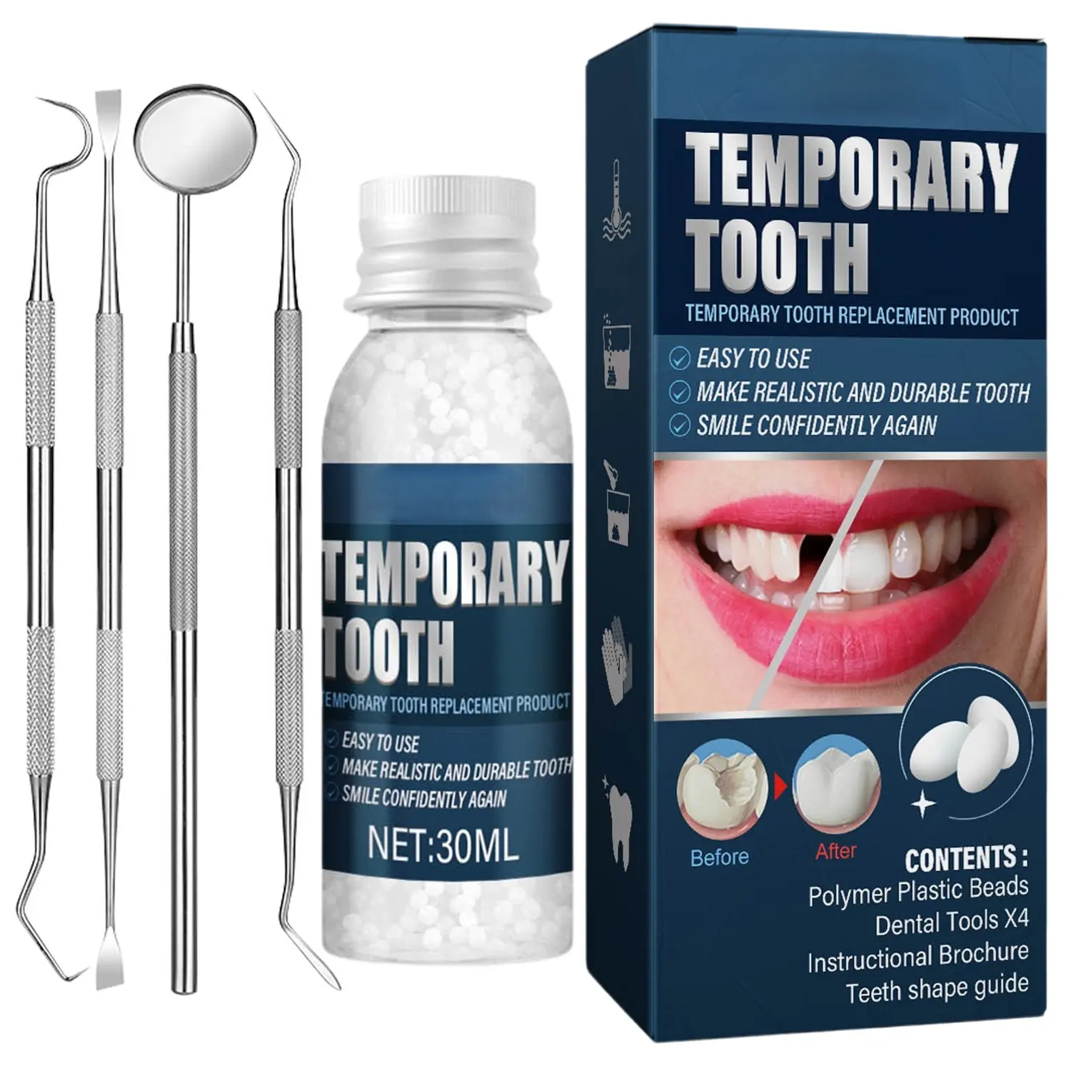 Temporary Tooth Repair Kit, Temporary Teeth Replacement Beads with 4 Shaping Tools, Dental Care Kit Fixing Broken Teeth, Regain Your Smile