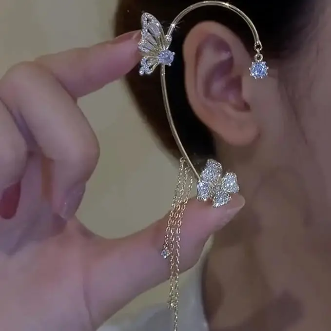 Female 2025 New Design Crystal Butterfly Cuff - No Piercing CZ Earrings Clip with Flower Tassel, Ear Crystals, Shining Daily Casual Dangle Earrings Set, Shining Earrings