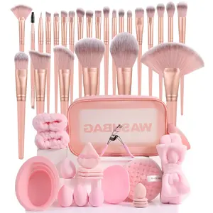 45-Piece Rose Gold Professional Makeup Brush Set, Soft Synthetic Bristles, Includes Beauty Blender, Eyelash Curler, Hair Tie, Travel Case
