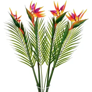 8 PCS Bird of Paradise Artificial Plant Combo Palm Leaves,4 Faux Bird of Paradise Plant with 4 Artificial Palm Leaves for Wedding Office Home Indoor and(Orange)