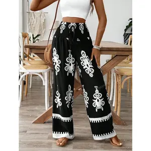 Women's Elastic Drawstring Waist Wide Leg Random Floral Print Pants