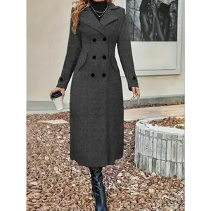 Women's Fall Winter Wool Blend Coat, Long Fitted over Knee, Minimalist Style, Double Button Design, Slimming Effect, Plain Pattern
