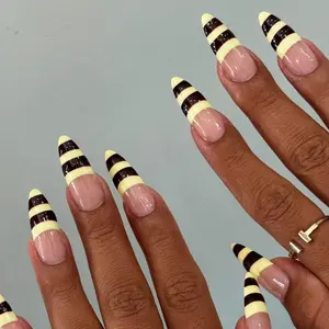 yonne Chocolate Vanilla Stripe French Tip Press-On Nails, Nude Base, Almond Shape, Minimalist Clean Girl Aesthetic, Trendy Everyday Nails