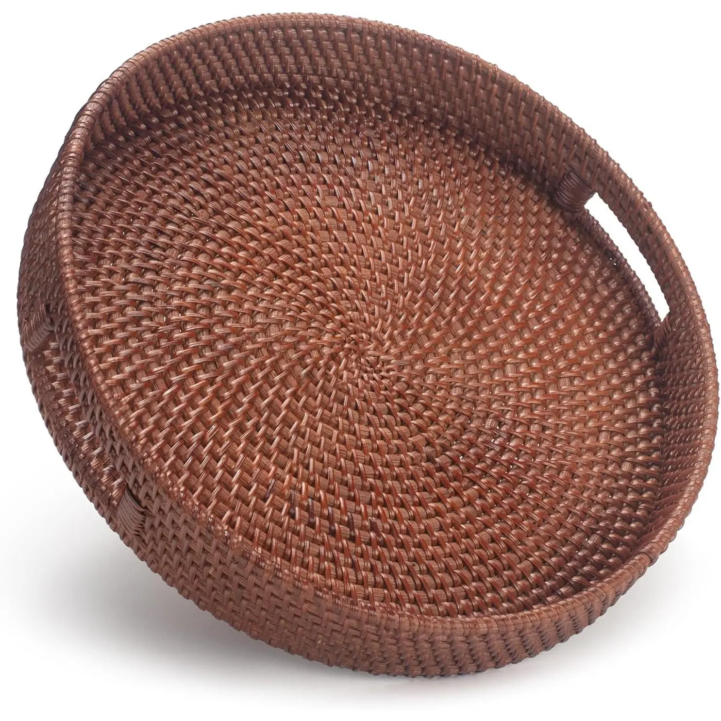 13.8 inch Round Rattan Tray, Decorative Coffee Table Tray, Ottoman Trays, Woven Serving Trays with Handles Wicker Serving Basket, Reddish-Brown