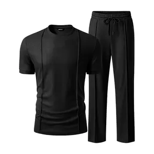 JMIERR Mens 2 Piece Sets Short Sleeve Shirts and Loose Pants Summer Textured Suits