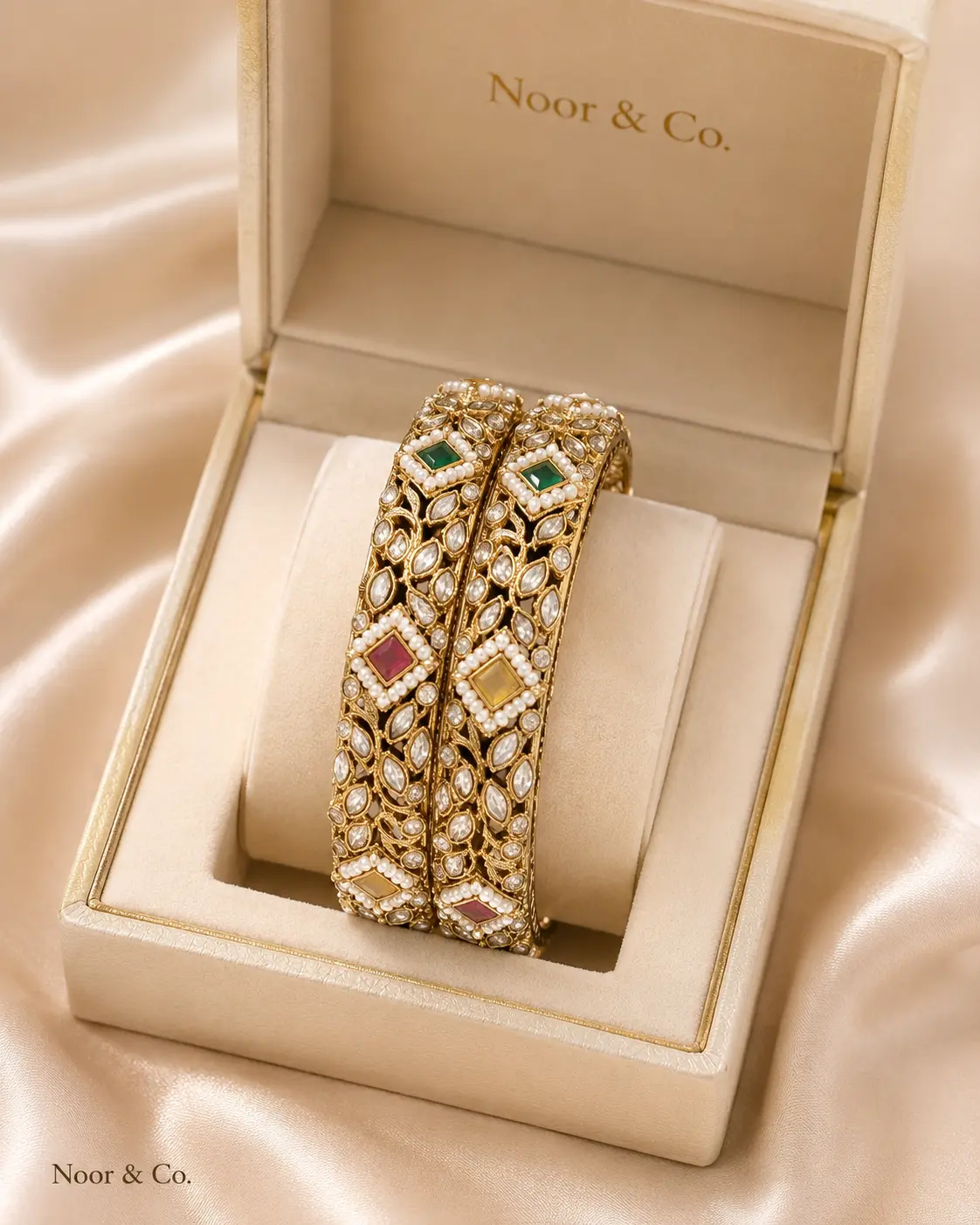 Gold Tone Kundan Polki Style Bangle Pair, Size 2.10, Multicolor Stone and Faux Pearl Bangles for Women, Pakistani Indian Bridal Wedding Jewelry