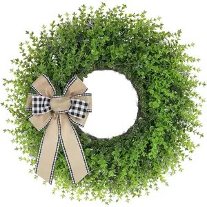 24 Inch Farmhouse Greenery Wreath with Bow – Artificial Boxwood Front Door Wreath for Year-Round Home Décor, Rustic Wall & Entryway Decoration
