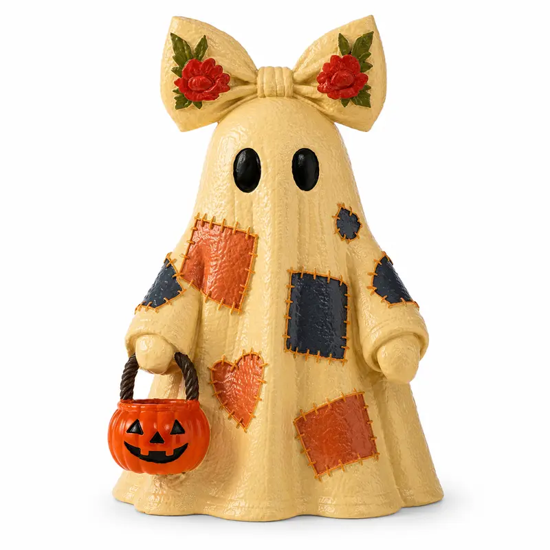Halloween Decorations, Lighted Patchwork Ghost with Pumpkin Lantern, Modern Minimalist Figurine Decoration for Mantel Shelf Entryway Porch