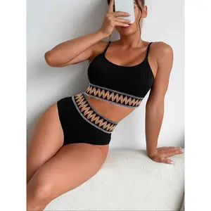 2-Piece a Set women's Sexy Textured Contrast Chevron Tape Swimsuit Set, Summer Clothes Women, Ribbed Bikini Top & High Waisted Swimwear, Summer Outfits 2024, Women's Swimsuit for Beach Vacation Holiday
