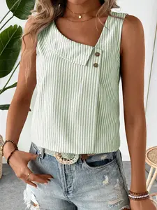 A women's multi-colored striped casual v-neck sleeveless regular crewneck T-shirt top, suitable for summer, suitable for daily commuting home, shopping and other occasions. Womenswear