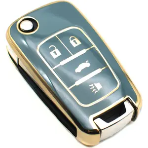 Key Fob Cover Compatible with Buick Encore Chevy Chevrolet Camaro Equinox Impala Sonic Trax GMC Terrain Flip 4 Buttons TPU Remote Keyless Key Fob Case Protection Shell Accessories, Blue Gray