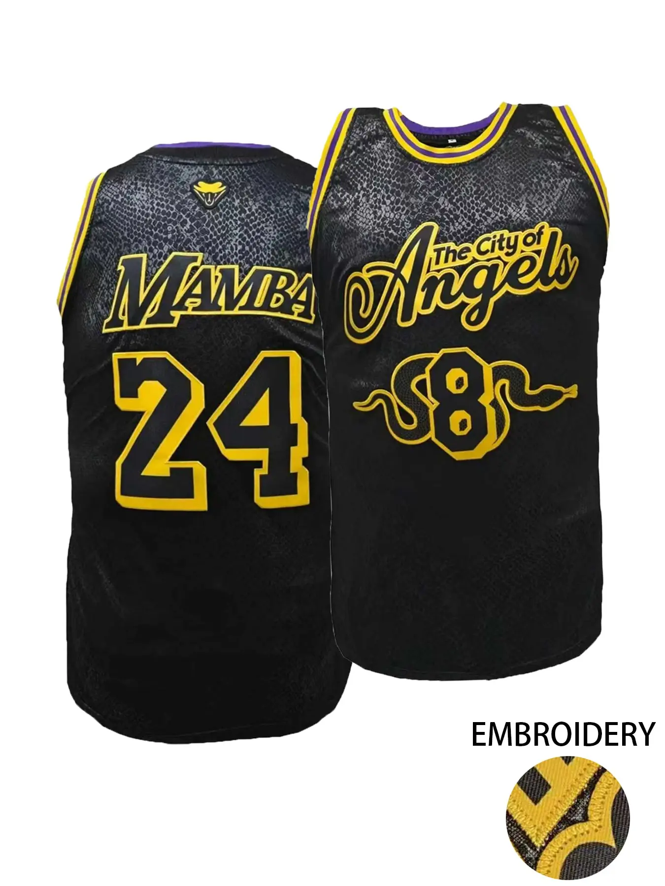 Mamba 8/24 Snakeskin Black Basketball Tank Top Sports Jersey Round Neck Embroidered Pullover Comfortable Breathable Vest for Outdoor Sports & Competition Daily Casual Loose Fit Unisex All Seasons Sports Tops Sportswear Top