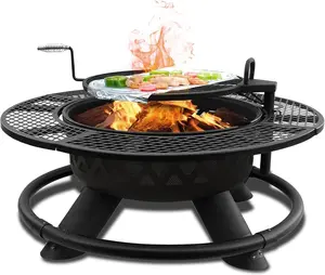 Red Mountain Valley 47" Outdoor Fire Pit with Adjustable Grill, 2-in-1 Outdoor Large Wood Burning Firepit Bowl, Bonfire Patio Fire Pits with Cooking grates, Metal Round Table for Backyard