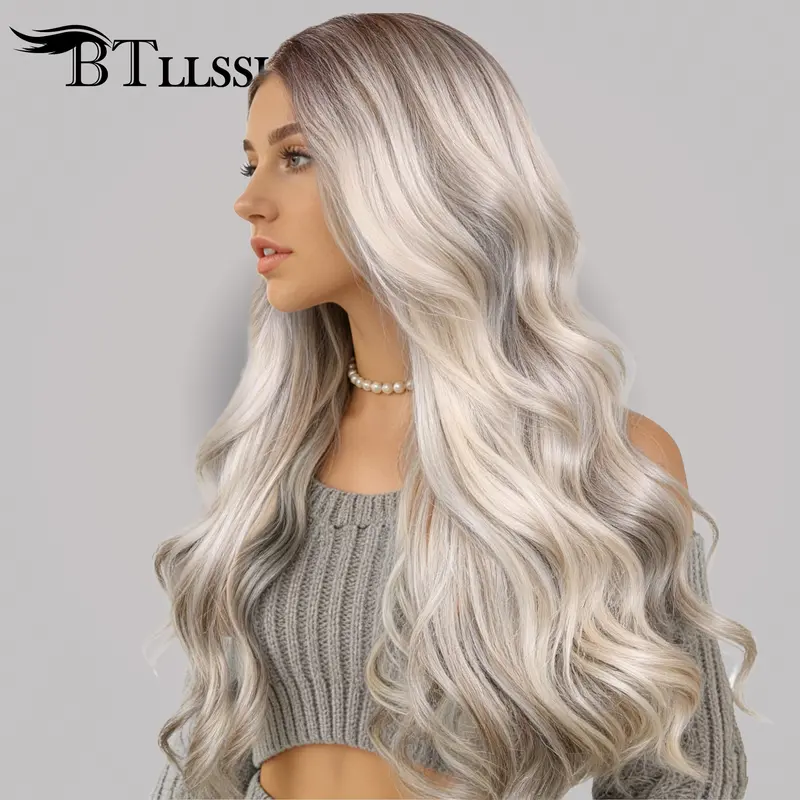 Human hair blend ombré gray blonde wig Silver Blonde Ombre Wig HD Front Lace Human Hair Blend  main image 3