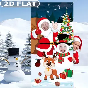 1pc Christmas 2D FLAT Photo Booth Prop Banner, Face in Hole Photo Props Stand in Santa Snowman Face Cutout Banner, Polyester Background Props for Xmas Party Decorations 70.8 X 35.4 Inches, Indoor Outdoor Winter Holiday Party Supplies