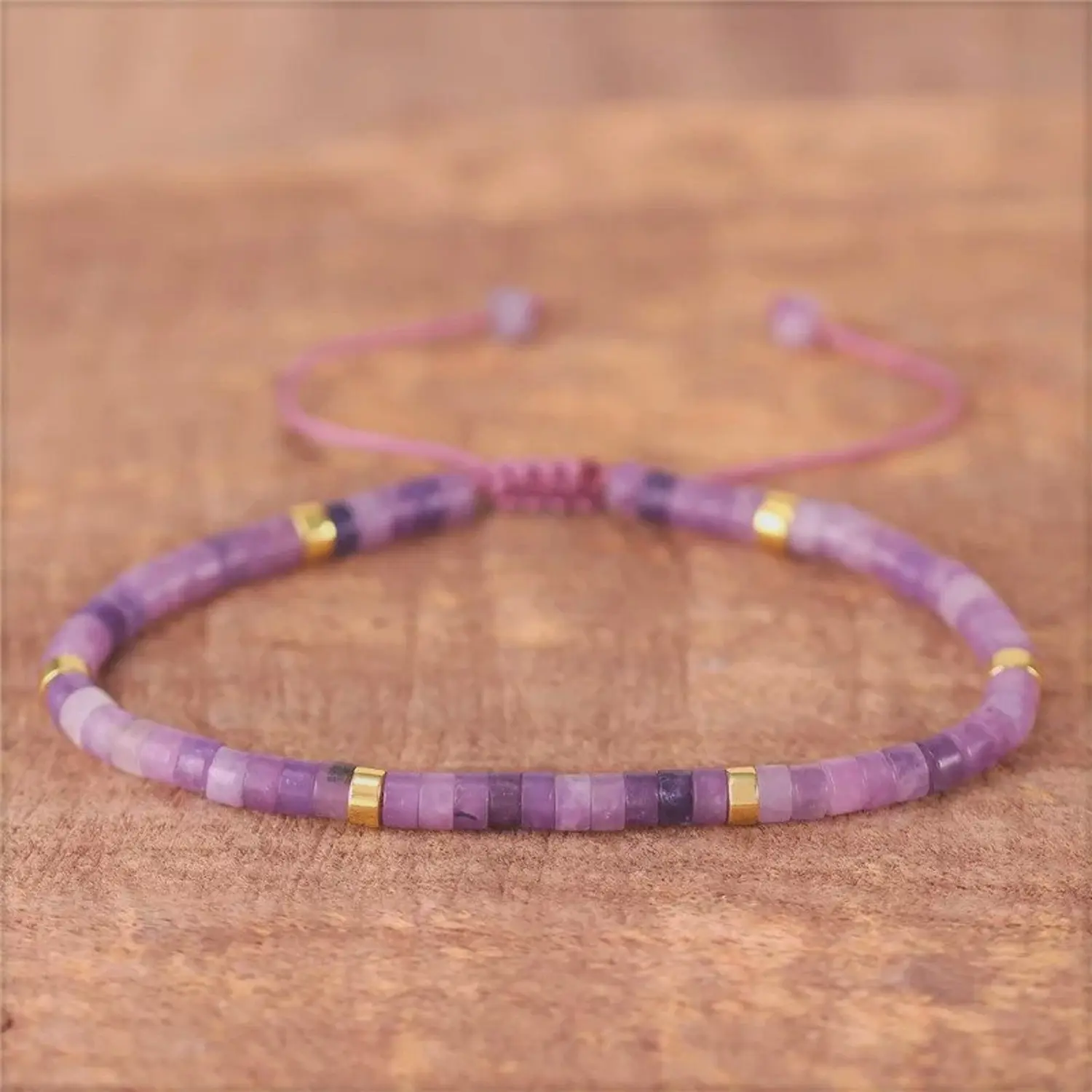 Natural Lepidolite Stone Dainty Bracelet Purple Crystal Gemstone Minimalist Bracelet Healing Spiritual Meditation Bracelet Anxiety Stress Relief