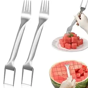 2Pcs Watermelon Fork Slicer Cutter, Stainless Steel 2-in-1 Watermelon Fork Slicer, Portable Watermelon Fork Watermelon Cutter Slicer Tool Fruit Forks Slicer for Home Party Camping Kitchen Gadget