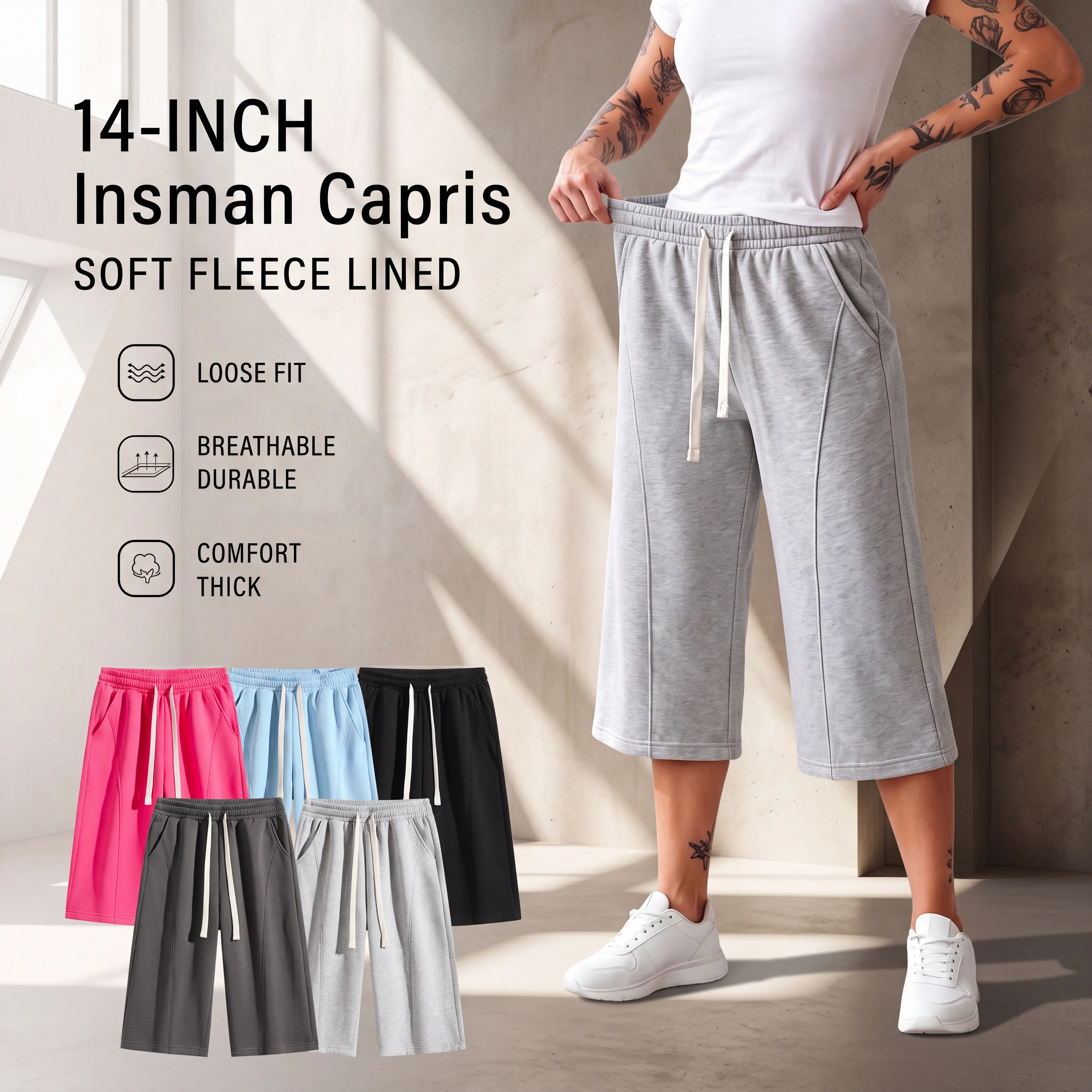 Women's Baggy Basic Fleece Lined Capris, Soft Fabric and Relaxed Fit, Solid Color Durable and Not Easily Deformed Cropped Pants,  Boyfriend StreetStyle Loungewear Long Sweat Shorts
