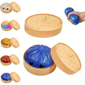 BINOK Dumpling Squishy Toy, Dumpling Squishy Mystery Box, Easter Basket Stuffers, Squeeze Dough Ball Stress Relief Hand Toys with Food Steamer Stretchy Desk Toys (Glitter Blue)