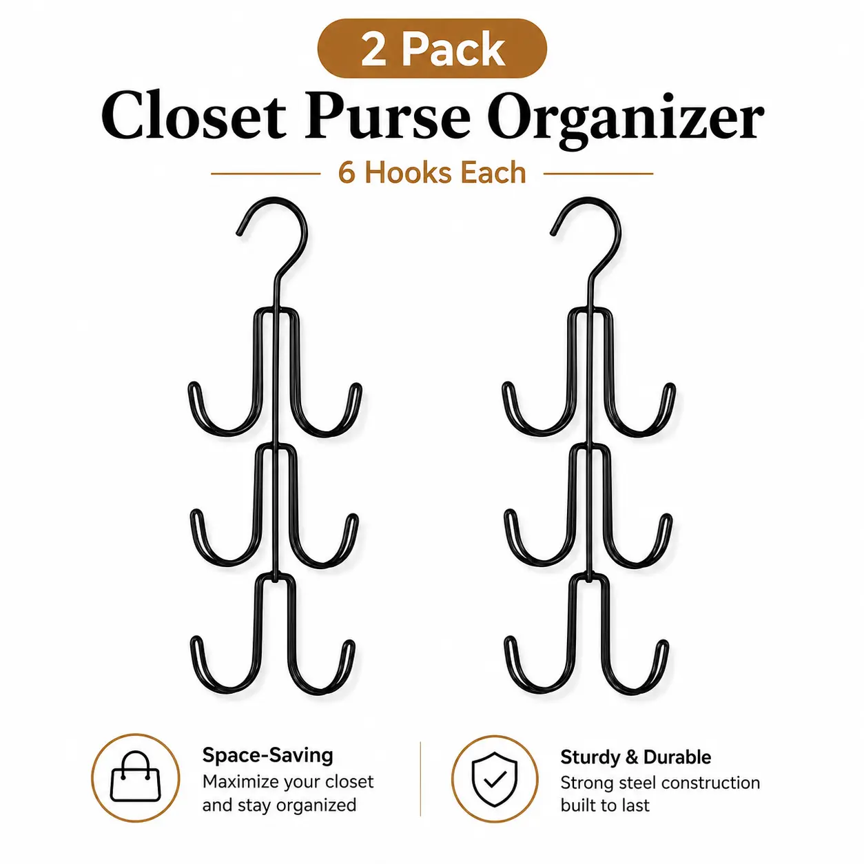 Multi-Layer Purse & Accessory Hanger, No-Install Closet Organizer for Bags, Hats, Belts & Ties, Space-Saving Dorm and Apartment Essentials
