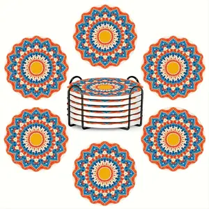 6PC round ceramic coasters with colorful mandala pattern, high temperature resistant and non-slip, exquisite home and restaurant decoration, suitable for sideboards, home decor and parties, perfect restaurant gift ideas, housewarming gift