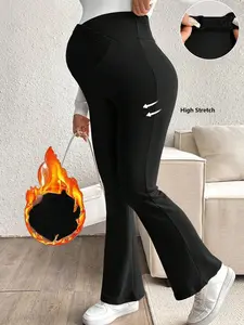 ROSY x  Maternity Solid Color Adjustable Waist Flare Casual Pants With Fleece, For Winter