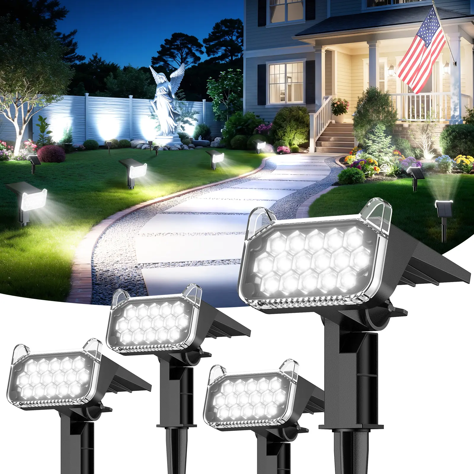 Solar Spot Lights Outdoor with Upgraded Lens for Longer-Range Lighting, Larger Solar Panel, Waterproof Solar Spotlights with 2 Lighting Modes, 2-in-1 Landscape Solar Outdoor lights for Yard Garden Wall Driveway Christmas Decorations, Cool White