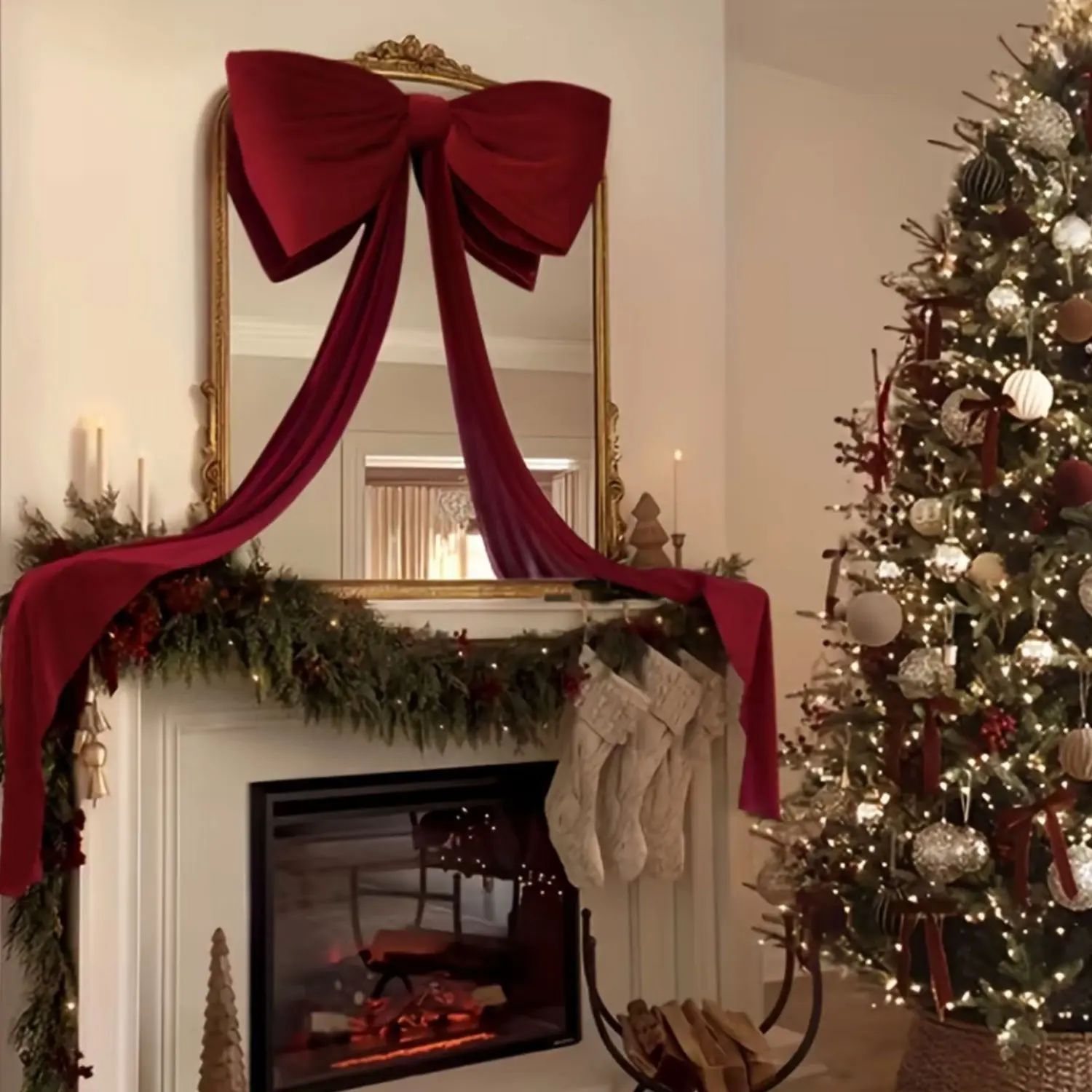 Christmas decorations - giant Christmas tree bows, large velvet bows, Garland Ribbon, tree top window and wall decorations, indoor home room party Valentine's Day, party decoration supplies