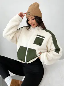 Unisex Young Fashion Knit Cardigan Sweatshirt Women Knitwear, Casual Patchwork Lamb Fur Jacket, Fitted, Comfortable Warm Material, Practical Pockets, Zipper Decor