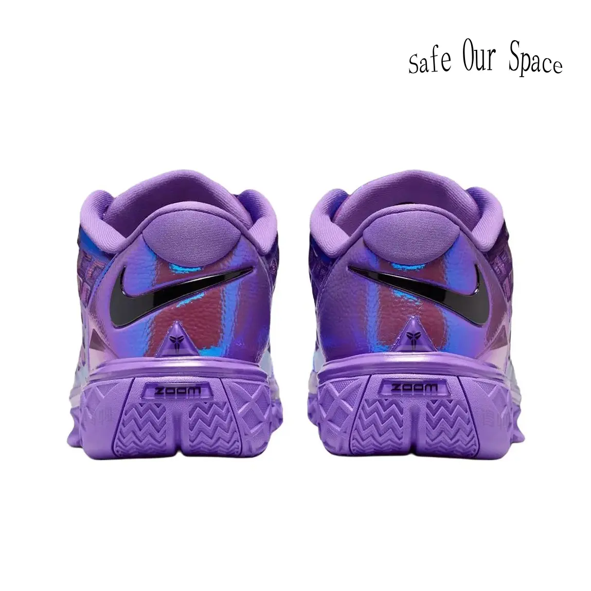 Grid woven holographic reflective basketball sneakers, gradient purple blue red iridescent overlay, solid purple geometric traction foam midsole with deep anti-slip tread patterns