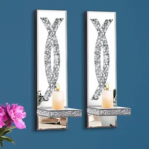 Crushed Diamond Mirrored Candle Sconces Set of 2 Silver Glass Wall Candle Holder Bling Wall Decorations for Home Living Room Dining Room Bedroom
