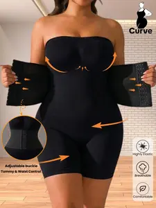 Plus Size Women's Seamless Abdominal Control Thigh Lifter Jumpsuit, Adjustable Waist Button, Ribbed Crop Top Casual Shapewear, Comfortable Elastic Fabric,All Seasons