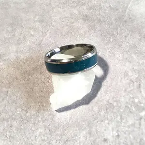 Stainless Steel Ring with Glittery Dark to Light Green Color Changing Resin Inlay in Multiple Sizes