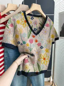 Women's V Neck Short Sleeve Knit Top, Casual Loose Fit Colorblock Floral Print Sweater, Ideal for Spring Summer, Valentine's Day Gift, Knitwear