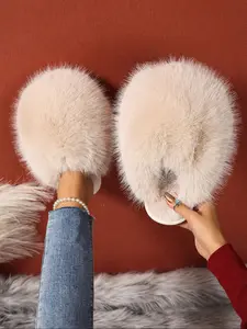 Women's Fashionable Outdoor Fur Slippers Indoor, Autumn Winter Home Fairy Style Non-Slip Flat Warm Korean Version Women's Slippers