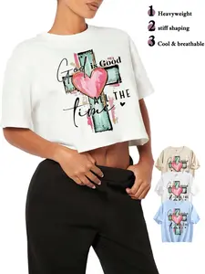 Women God Is Good All The Time Cross Heart Graphic Loose Cropped T-Shirt, Faith Religious Quote Crew Neck Short Sleeve Crop Top, Soft Breathable Cotton Casual Summer Tee