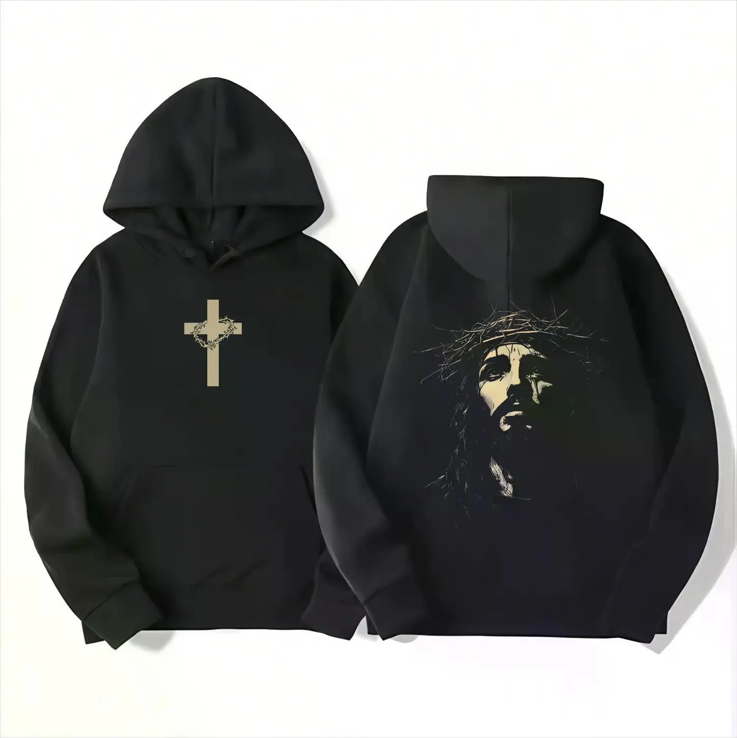 Men's Athletic Hoodies - Long Sleeve Tops, Front Cross Design, Back Jesus with Crown of Thorns Graphic, Soft Sweat Fabric