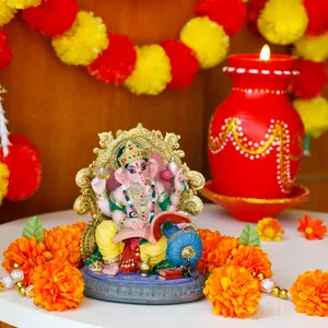 Indian God Ganesha Idol Statue - 5.4”H Ganesh Statue Sitting on Throne Murti India Ganapati Pooja Item Home Office Temple Mandir Shrine Altar Diwali Puja Decor Ideal Gifts for Indian Friend Relative