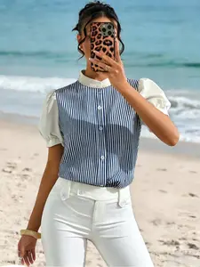 Spicy Coquette Blue & White Striped Contrast Bubble Sleeve Mandarin Collar Fitted Beach Blouse Vintage French Blue & White Striped Contrast Bubble Sleeve Mandarin Collar Cottagecore Vacation Blouse Chill Coastal Blue & White Striped Contrast Bubble Sleeve