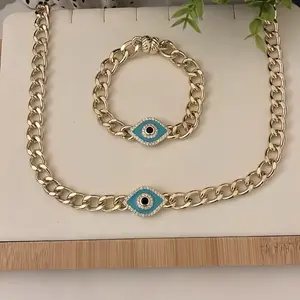 Emma Necklace and Bracelet 14k Gold Plated Magnetic Closure Evil Eye Jewelry Set with Chain Design