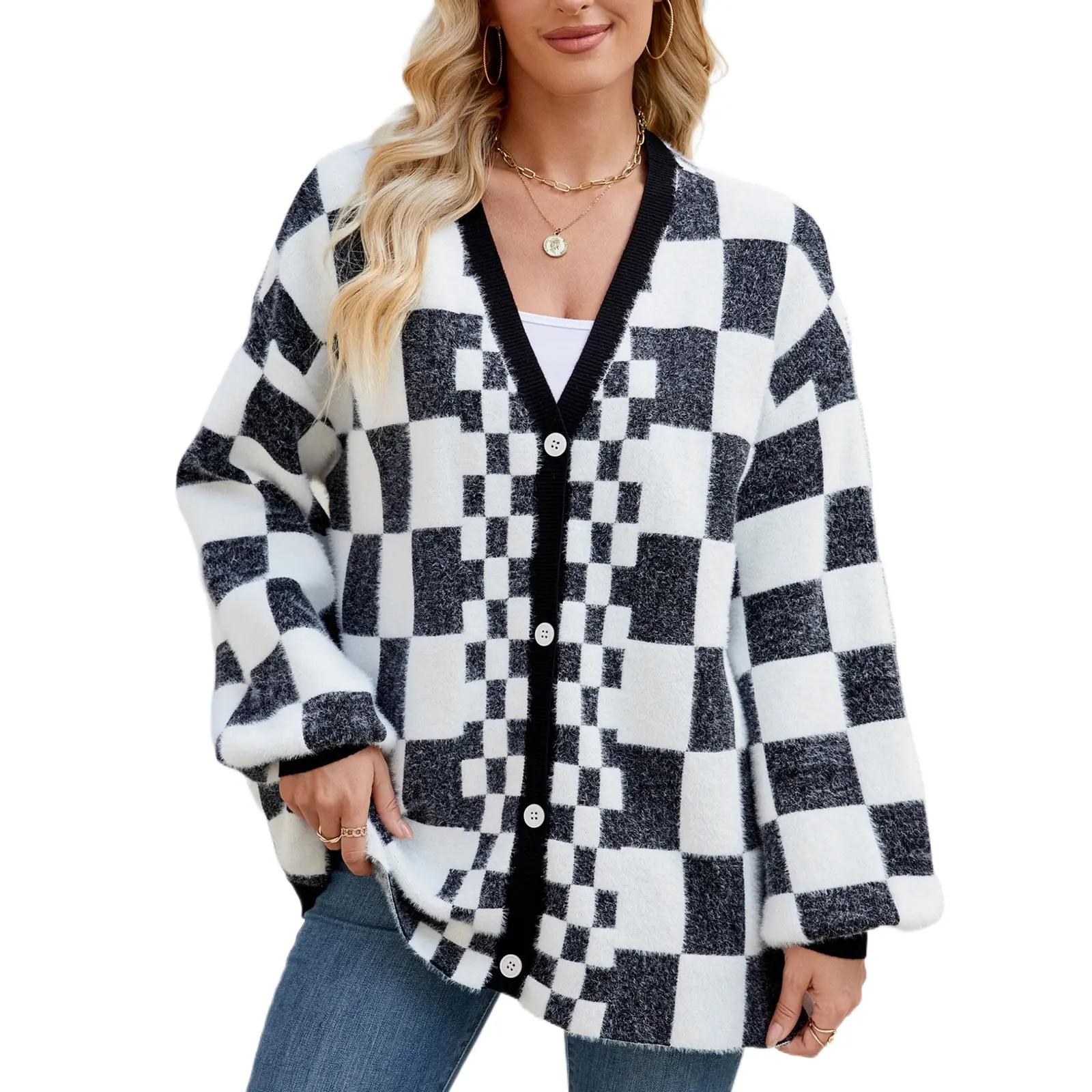JUNBAOSS Women's Oversized Long-Sleeve Checkered Open-Front Knit Cardigan Sweater - Fuzzy Button-Down Polyester Knitwear for Casual Elegant Fall Winter Style, Plaid, Tops