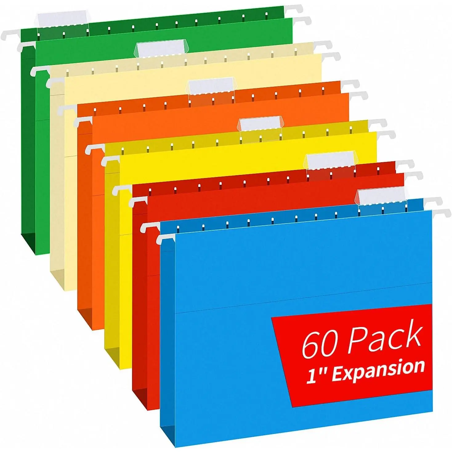 Extra Capacity Hanging File Folders,  60 Pack Letter Size Reinforced Hanging Folders with Heavy Duty 1 Inch Expansion for Bulky Files, Filing Cabinet, Adjustable Tabs, Assorted Colors