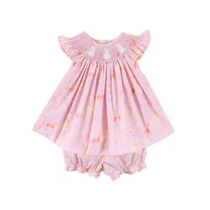 Whimsical Floral Smocked Pink Angel Sleeve Bloomer Set