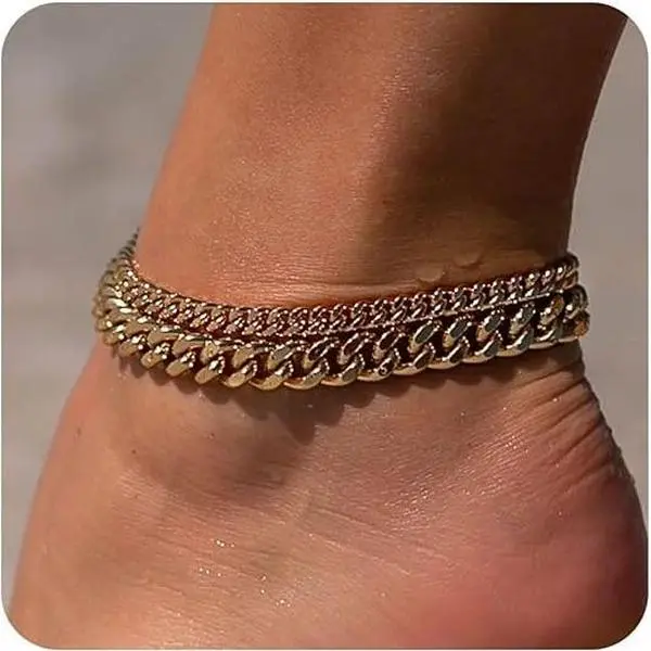 TEWIKY Dainty Layered Waterproof Anklet For Women Adjustable Womens Anklet Set Stackable Figaro Beaded Cuban Link Anklets Beach For Summer