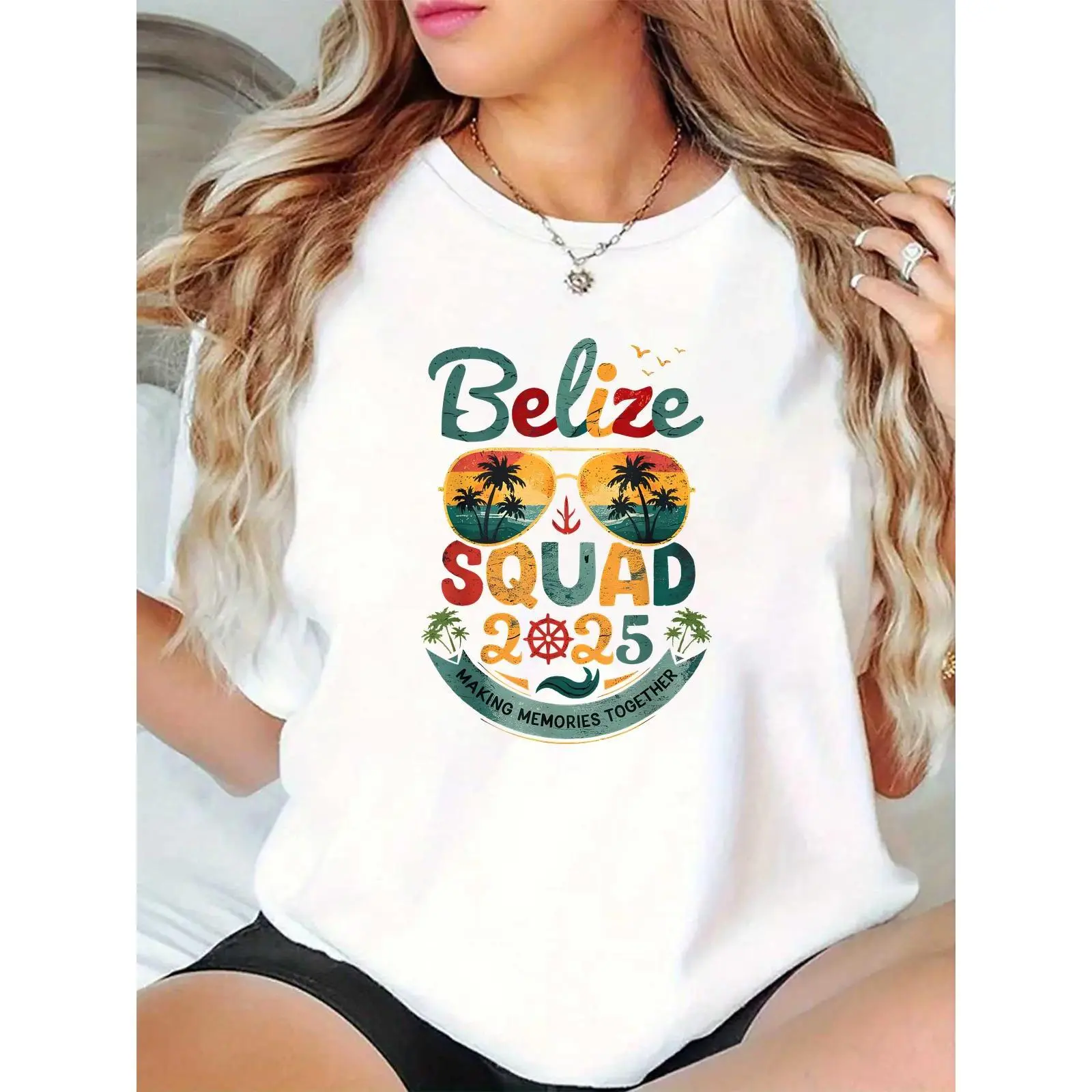 Women's Belize 2025 Squad T - Shirt, Retro Palm Tree Sunglasses Nautical Anchor Helm Wave Graphic, Making Memories Together Vacation Travel Tee for Women 100% Cotton T-shirt