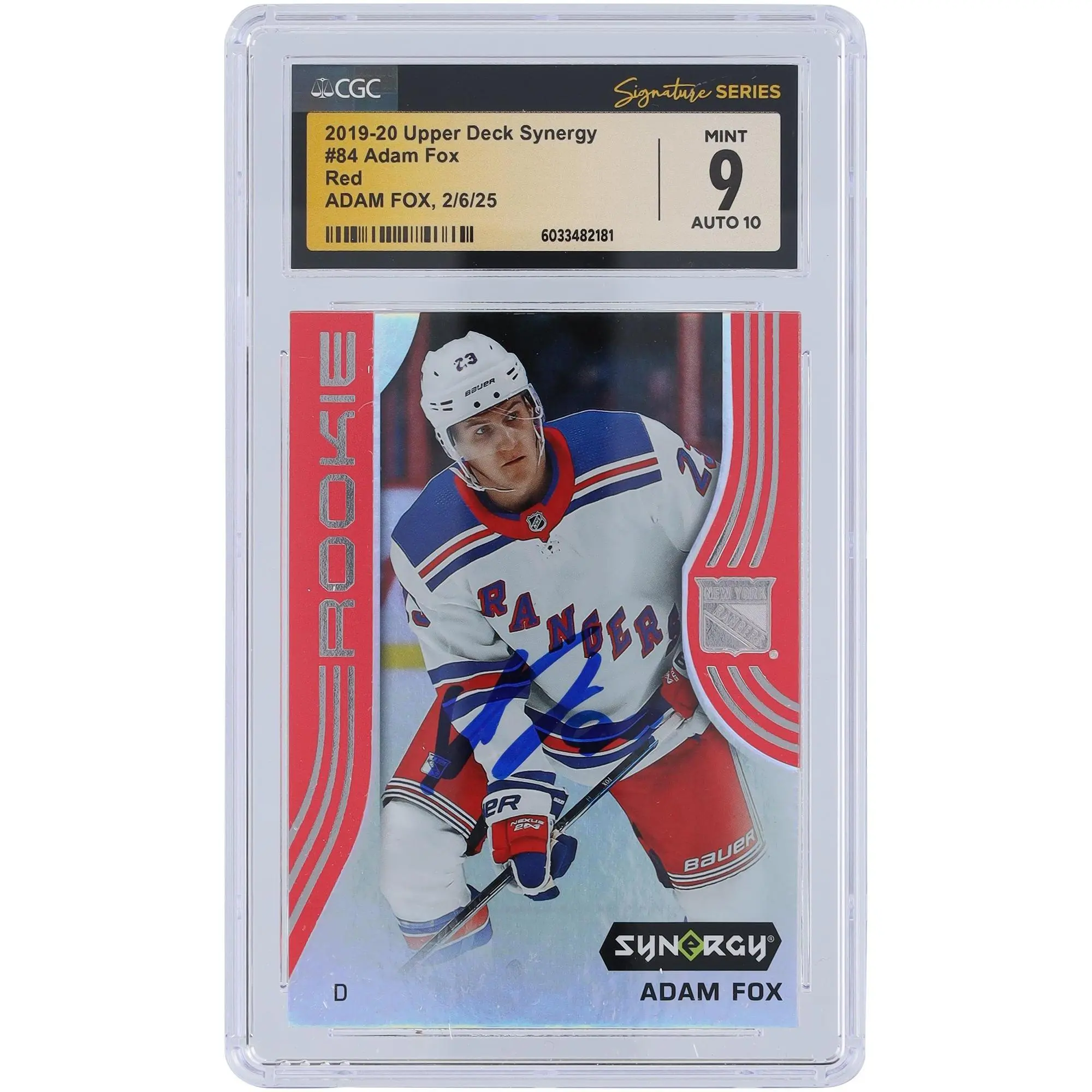 Adam Fox New York Rangers Autographed 2019-20 Upper Deck Synergy Red #84 CGC Fanatics Witnessed Authenticated 9/10 Rookie Card - Fanatics Authentic Certified