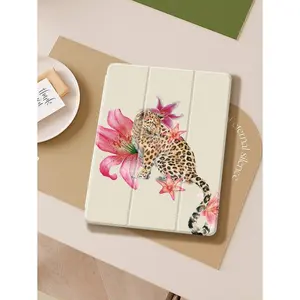 Leopards And Hibiscus IPad Case Compatible With IPad Air 4/5 10.9 Inch, IPad 7/8/9th 10.2 Inch, Built-In Pencil Slot Compatible With Samsung Tab S6 10.4 Inch, Tab A7 Lite 8.7 Inch, Ins Style Leather Case, Back To School, Valentine's Day, New Year Gift