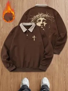 Men's Colorblock Fleece Jesus Print Polo Sweatshirt, Thorn Crown Pattern & Cross Decoration, Fall Winter Streetwear Comfortable Top