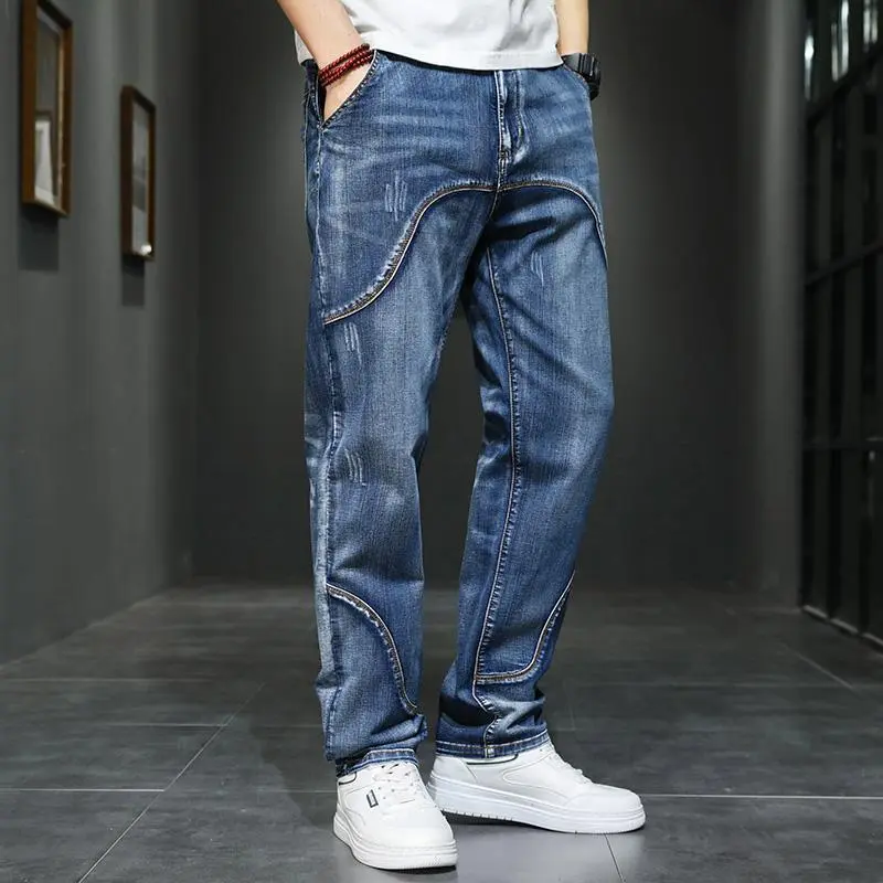 Men's Retro Washed Cotton Baggy Jeans | Unique Stitching Design, Distressed Denim, Y2K Streetwear, Relaxed Fit Tapered Pants for Summer Casual, Work & Vacation